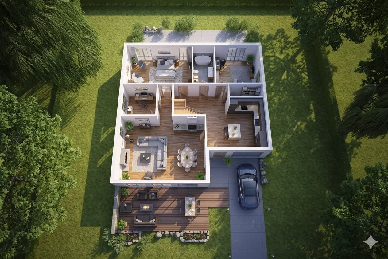 Gerenderter 3D-Grundriss mit Möbeln