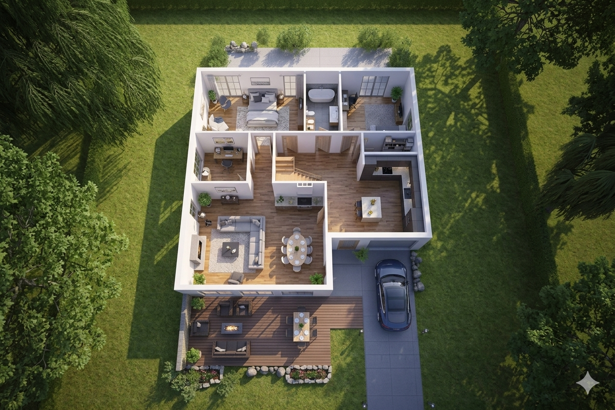 Modern 3D floor plan rendering with minimalist interior design