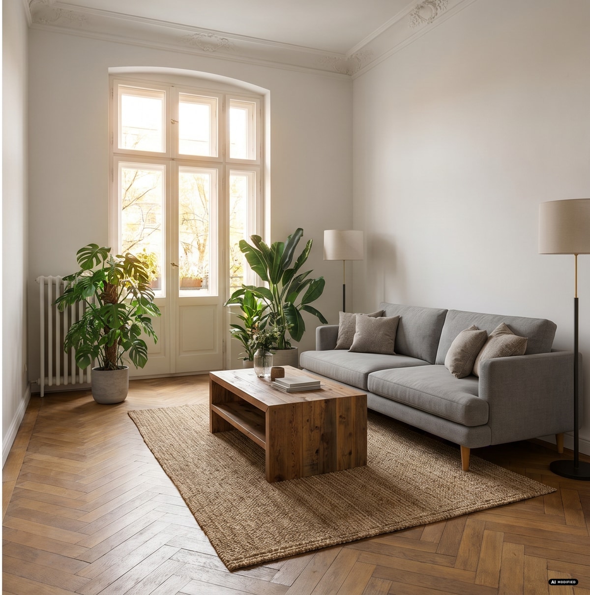 Dasselbe Wohnzimmer nach virtuellem Staging, KI-modifiziert