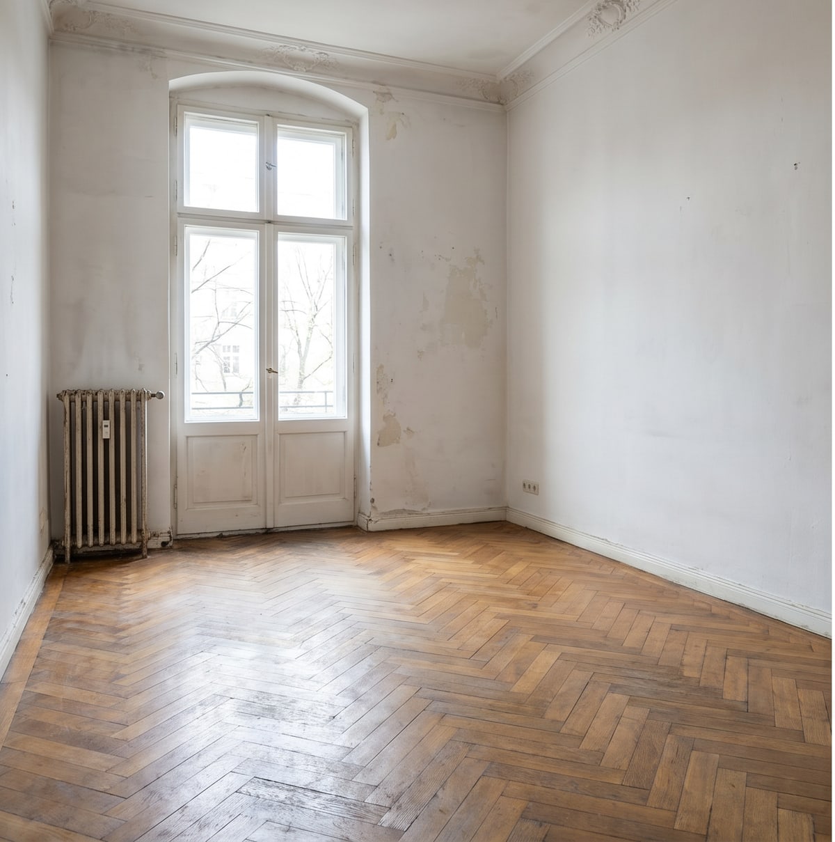 Leeres Altbau-Wohnzimmer vor dem Staging